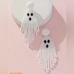 New set of white beaded cute ghost Halloween boho bohemian earrings costume boo